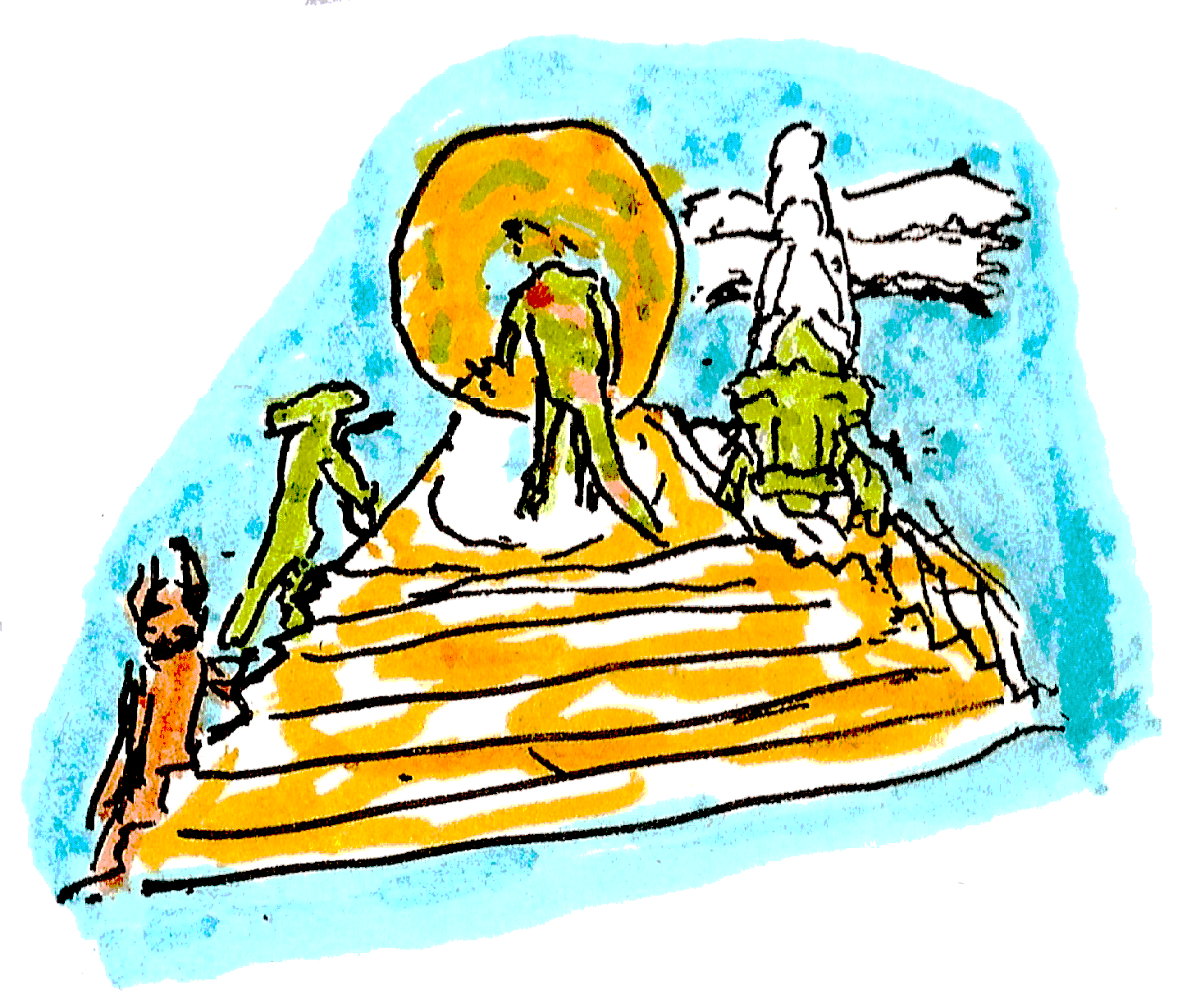 "Eine Pyramide ragt aus dem Wasser. Ein Krokodil mit zwei Windlingen auf dem Rücken klettert hoch. Ein Troll steigt aus dem Wasser. Ein Echsenmensch steht auf den Stufen. Ein zweiter steckt den Kopf in eine gelblich-blaue Kugel."